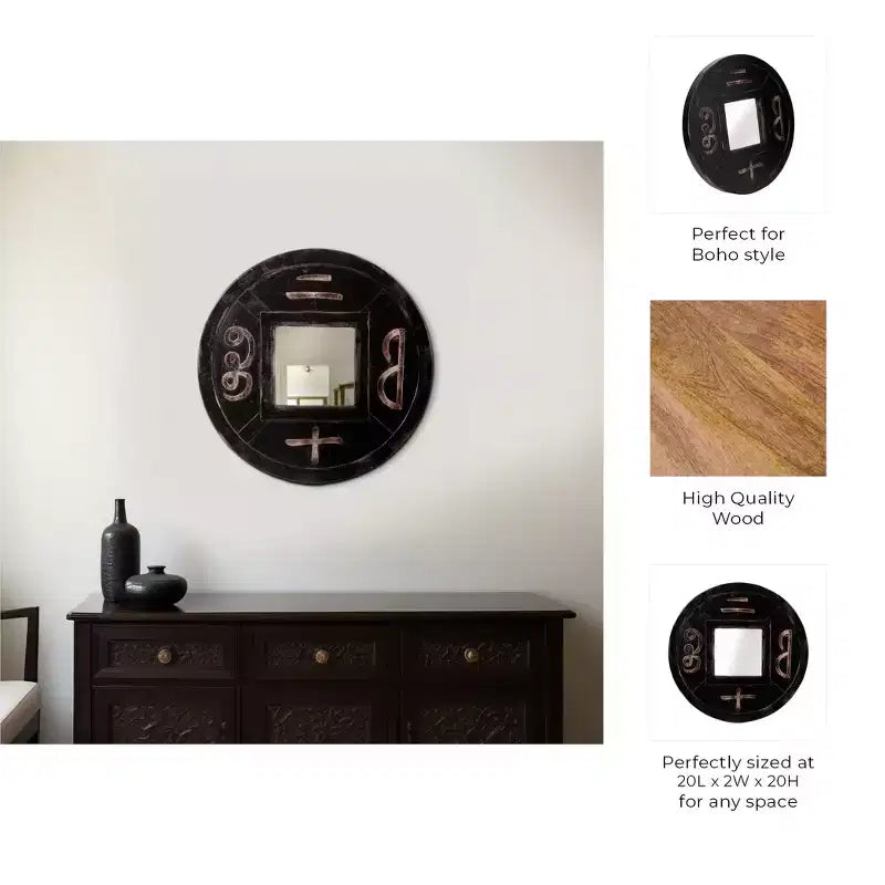 Mirror Wood and Glass Carved Symbol Design Boho Wall Decor for Home Office Bedroom Living Room - 20 Brown