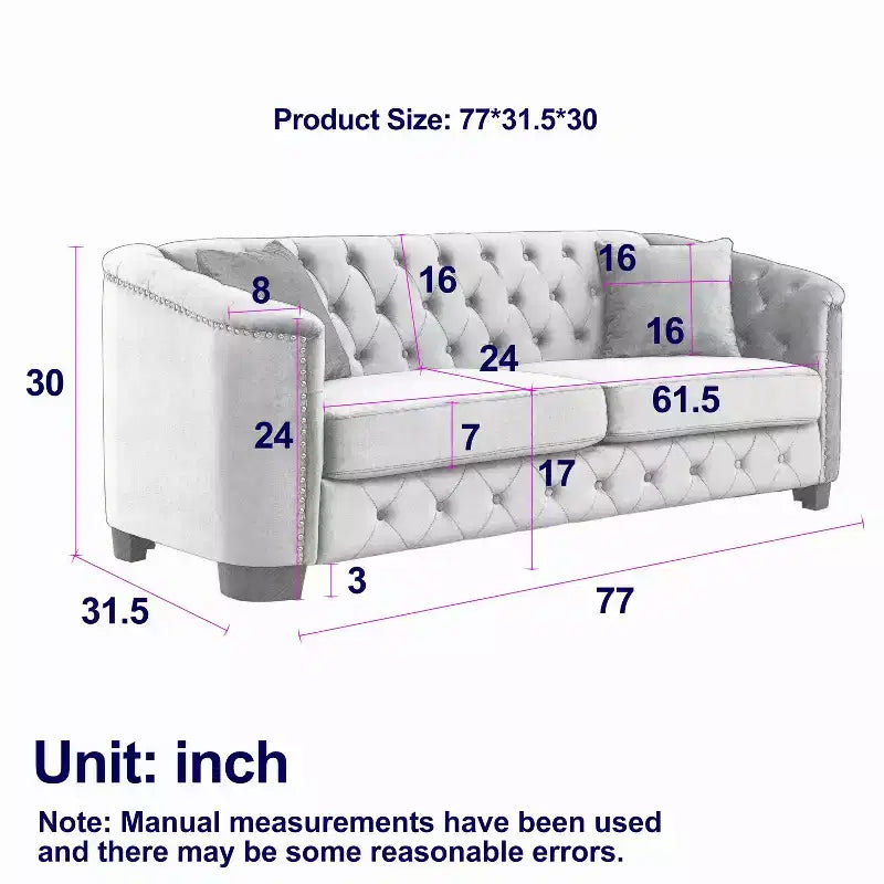 Chesterfield Sofa Loveseat Velvet Upholstered 2/3-Seater Sofa with 2 Cushions, Tufted Backrest & Nailhead Arms - ModernLuxe
