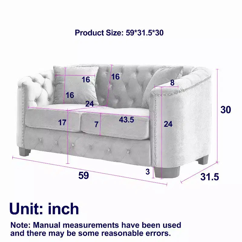 Chesterfield Sofa Loveseat Velvet Upholstered 2/3-Seater Sofa with 2 Cushions, Tufted Backrest & Nailhead Arms - ModernLuxe