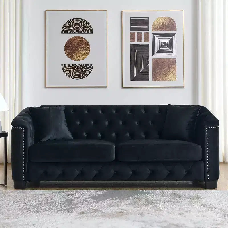 Chesterfield Sofa Loveseat Velvet Upholstered 2/3-Seater Sofa with 2 Cushions, Tufted Backrest & Nailhead Arms - ModernLuxe
