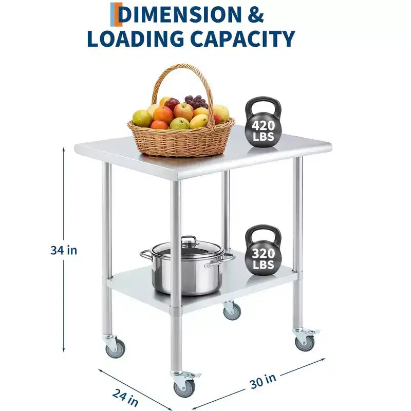 Stainless Steel Workbench, Commercial Kitchen Workbench with 4 Universal Wheels and Adjustable Base, Suitable for Restaurants, Garages and Outdoors