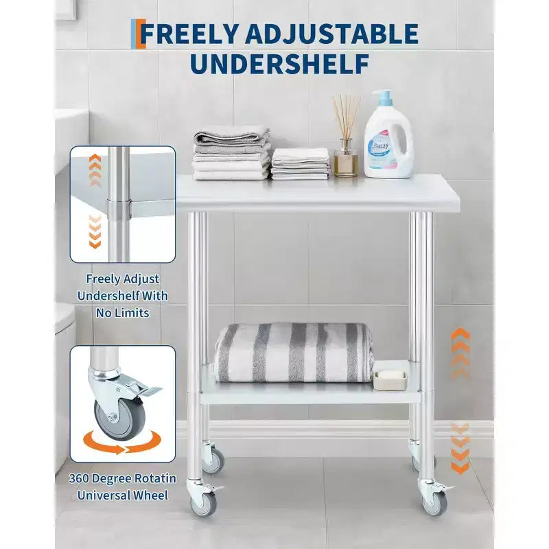 Stainless Steel Workbench, Commercial Kitchen Workbench with 4 Universal Wheels and Adjustable Base, Suitable for Restaurants, Garages and Outdoors