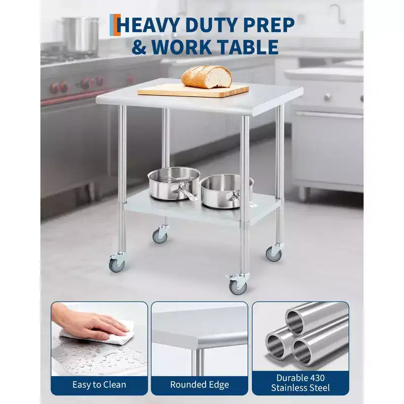 Stainless Steel Workbench, Commercial Kitchen Workbench with 4 Universal Wheels and Adjustable Base, Suitable for Restaurants, Garages and Outdoors