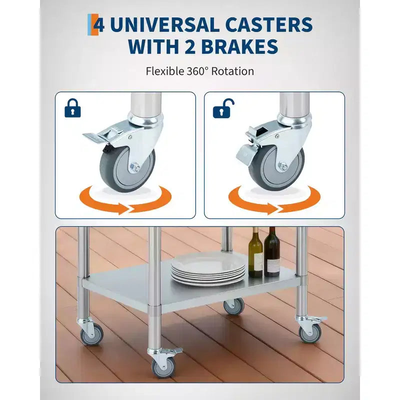Stainless Steel Workbench, Commercial Kitchen Workbench with 4 Universal Wheels and Adjustable Base, Suitable for Restaurants, Garages and Outdoors