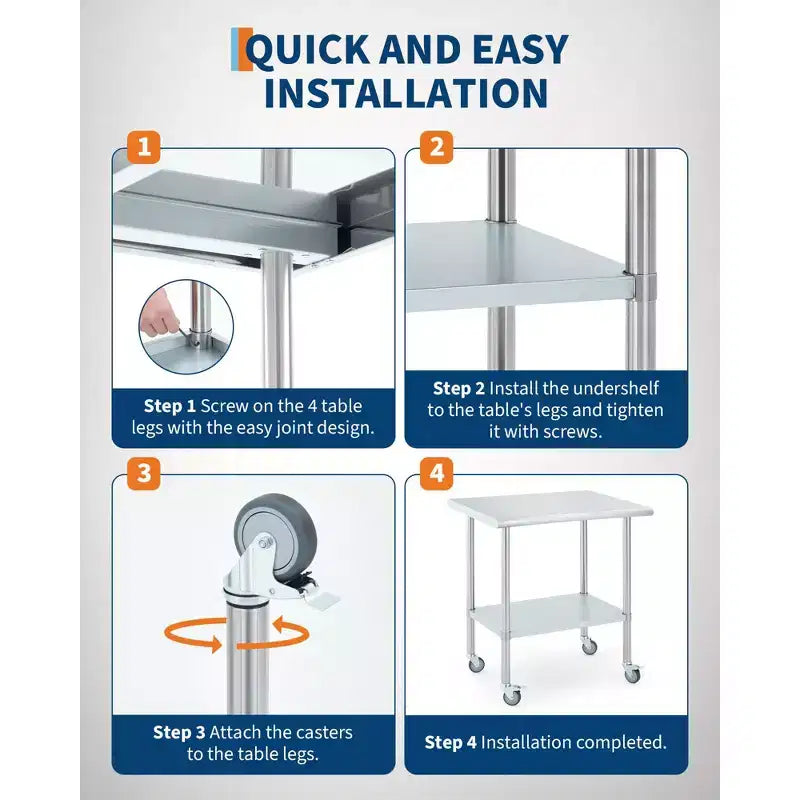 Stainless Steel Workbench, Commercial Kitchen Workbench with 4 Universal Wheels and Adjustable Base, Suitable for Restaurants, Garages and Outdoors