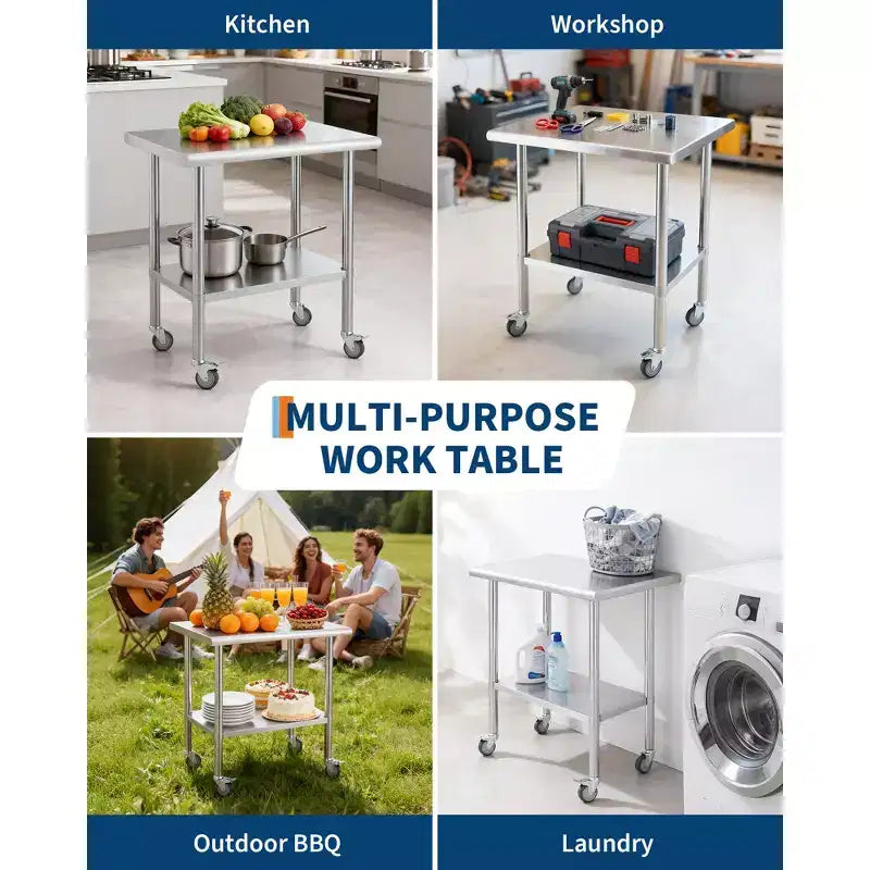 Stainless Steel Workbench, Commercial Kitchen Workbench with 4 Universal Wheels and Adjustable Base, Suitable for Restaurants, Garages and Outdoors