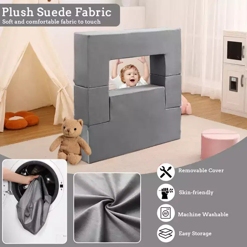 Kids Play Couch, Toddler Foam Sofa with Removable Cover, Convertible Kids Modular Couch for Playroom and Bedroom