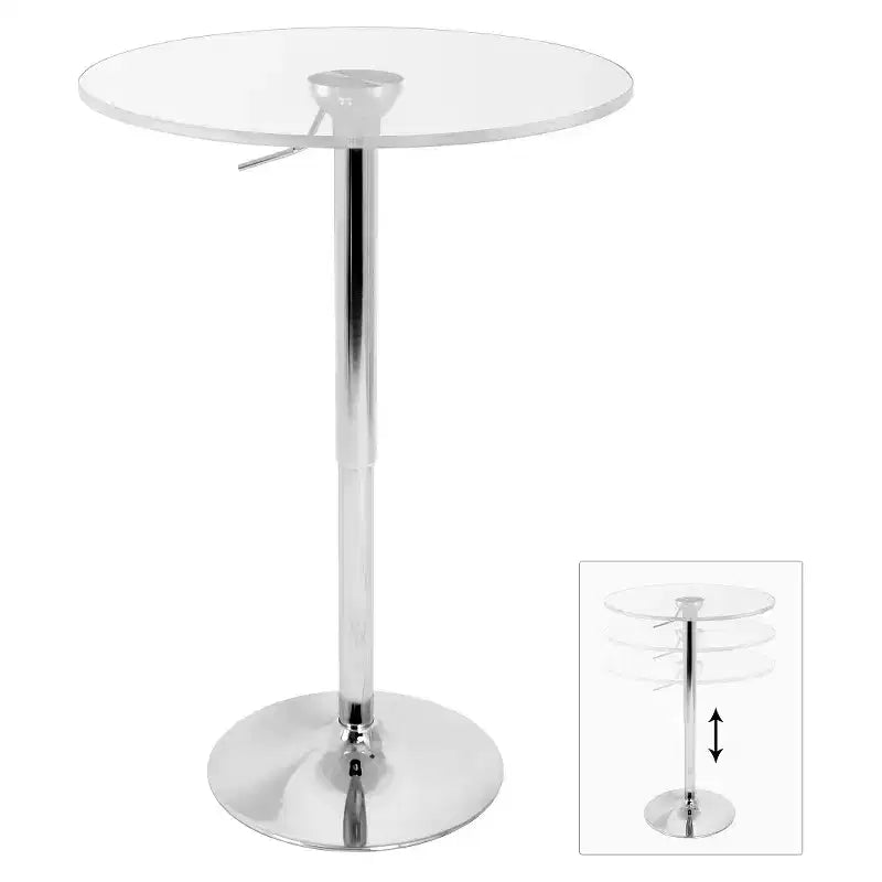 LumiSource Adjustable Bar Table Acrylic/Silver/Clear: Contemporary Style, Round Pedestal Base, Metal Frame