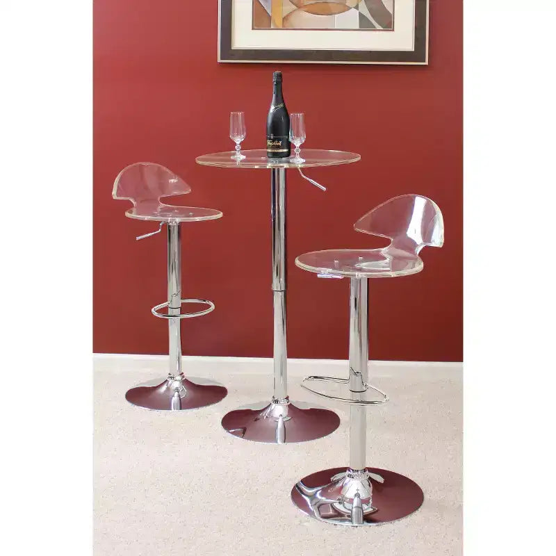 LumiSource Adjustable Bar Table Acrylic/Silver/Clear: Contemporary Style, Round Pedestal Base, Metal Frame